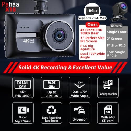 Dash Cam pahaa X18 4K Doble (Frontal y Trasera) con Tarjeta 64GB Gratis
