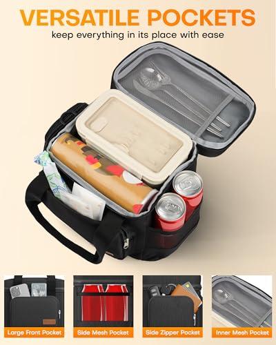 HOTOR Lunch Box for Men and Women - Leak-Proof Insulated Lunch Cooler Bag with Adjustable Strap, Multiple Pockets for Office, Picnic, Hiking, Beach, 1 Layer, 8L, Black, 9.8" x 8.7"