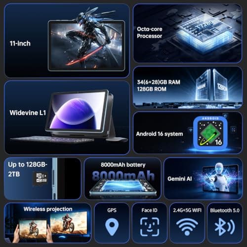 Miniatura de Tablet Android 11" Octa-core con IA Gemini, Widevine L1. Incluye Kit Completo: Teclado, Funda, Mouse, Lápiz Óptico. Pantalla HD, Wi-Fi, BT 5.0, Cámara Dual, GPS 2