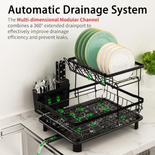 2-Tier Multifunctional Dish Drying Rack, Sturdy and Space-Saving | Large 12.95''W x 19.05''L x 12.63H Dish Drainer for Kitchen, Upgraded Drainage System, Stable and Slip-resistant Construction