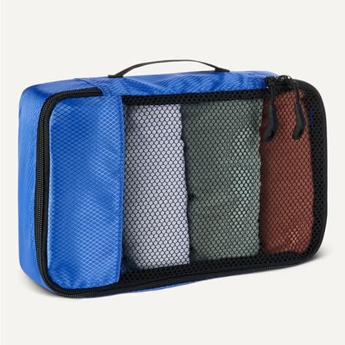 Amazon Essentials 4-Piece Packing Cubes Travel Accessories Set, Space-Saving Luggage Organizers with Double Zipper, Mesh Top, Small/Medium/Large/Slim, Blue (Previously Amazon Basic