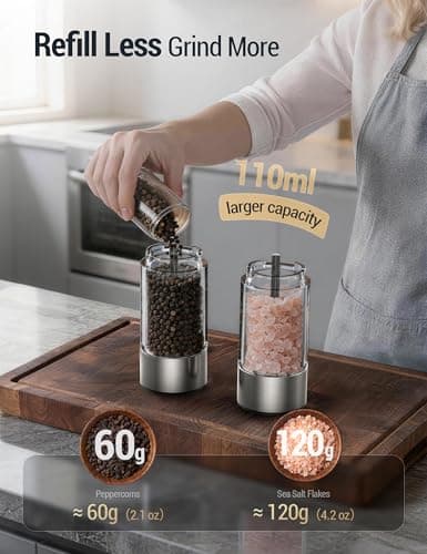 ThermoMaven Upgraded Larger Capacity Electric Salt and Pepper Grinder Set, 110ml Rechargeable Salt and Pepper Shaker with LED Light, Stainless Steel Automatic Pepper Mill with 6 Ad thumbnail 6