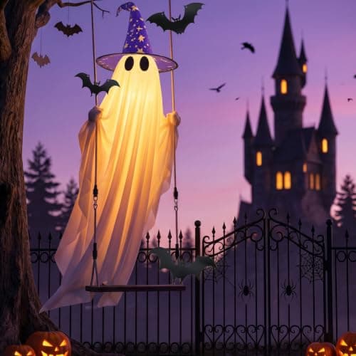 Fantasma colgante gigante de 11 pies con murciélagos y sombrero