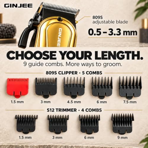 Hair Clippers for Men, Cordless Barber Clipper and Trimmer Set, Gold | 7,000/7,500 RPM motors, LED displays, 809S 150+ min and S12 120+ min runtime, 9 guide combs, corded or cordless use thumbnail 3
