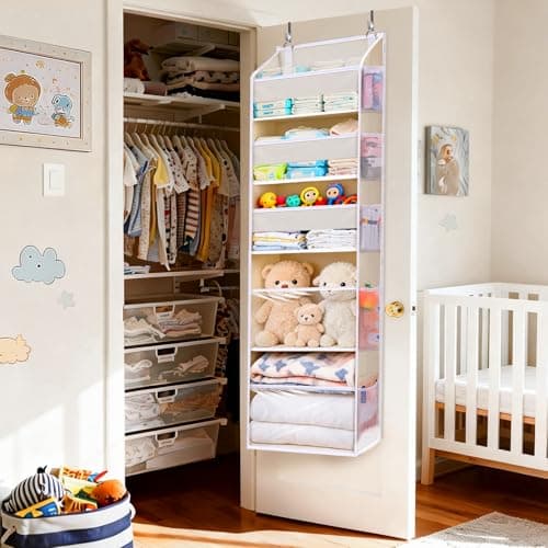 Ordovibe 5 Tiers Over the Door Organizer with 10 Mesh Side Pockets, 44 lbs Weight Capacity Closet Hanging Storage Organizer with Large Clear Window Kids Toys, Shoes, Diapers, Beige thumbnail 5
