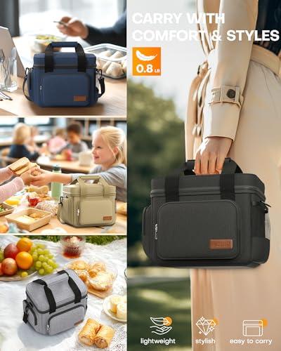 HOTOR Lunch Box for Men and Women - Leak-Proof Insulated Lunch Cooler Bag with Adjustable Strap, Multiple Pockets for Office, Picnic, Hiking, Beach, 1 Layer, 8L, Black, 9.8" x 8.7"