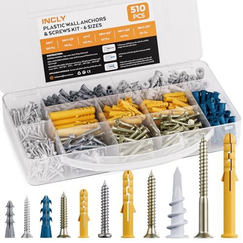 INCLY 510 PCS Drywall Anchors and Screws Assortment Kit, 255 Plastic Self Drilling Wall Anchors and 255 Philips Flat Head Screws, 6 Sizes Galvanized Screws and Wall Plug Bolts with