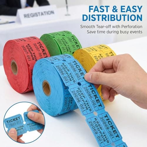 XXINMOH 4000 Pairs Double Raffle Tickets – 4 Assorted Colors (Pink, Blue, Red, Purple) – 1000 Pairs per Roll for Carnival, Fundraiser, Party, Event, Classroom, Lottery Drawing Prize Tickets for Raffle thumbnail 3