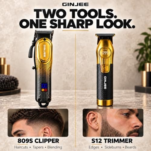 Hair Clippers for Men, Cordless Barber Clipper and Trimmer Set, Gold | 7,000/7,500 RPM motors, LED displays, 809S 150+ min and S12 120+ min runtime, 9 guide combs, corded or cordless use thumbnail 2