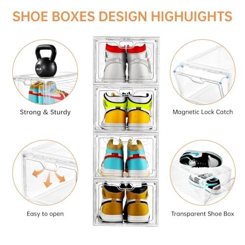 INSTY 12 Pack Large Shoe Storage Box, Clear Shoe Storage Organizer with Magnetic Door, Stackable,Shoe Containers For Display Sneakers, Easy Assembly, Fit up to US Size 12, Clear