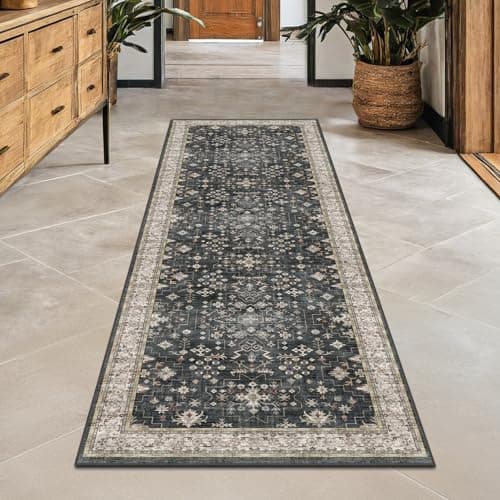 Black Boho Washable 2x6 Runner Rugs for Hallway Kitchen Bedroom Beside Laundry Room Bathroom Rug, Pet & Kids Friendly, Non Slip Low Pile Stain Resistant Soft Foldable Long 24 x 72 
