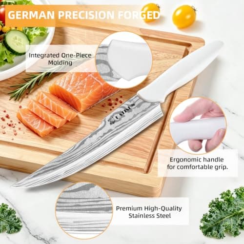 KATISUN Knife Set - 15 PCS Kitchen Knife Set with Built-in Sharpener Block, German Precision Forged Stainless Steel Blades, Ergonomic Handles, Dishwasher Safe, White thumbnail 4