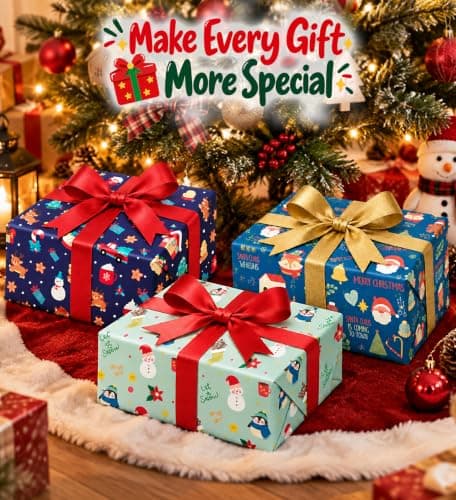 Papel de Regalo Navideño Jumbo | Diseño Muñecos de Nieve, Árboles y Santa