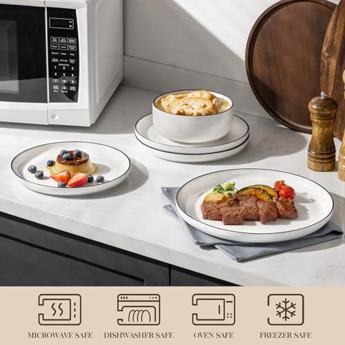 MALACASA Plates and Bowls Sets, 12 Pieces Modern Porcelain Dinnerware Set for 4 White Kitchen Dinner Dining Ware Set wtih Black Rim Ceramic Dishware Dishes Microwave and Dishwasher thumbnail 4