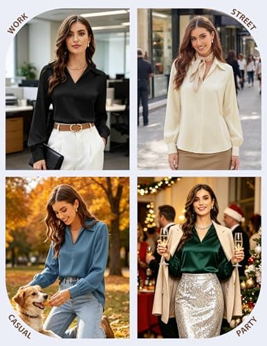 Women's Satin Silk Shirts Long Sleeve Casual Work Blouse Collared V Neck Top Fall Dressy Tops Black S thumbnail 6