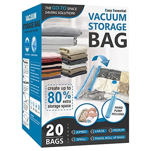 Cozy Essential Vacuum Storage Bags, 80% Compression Vacuum Seal Space Saver Plastic Packaging Bags for Clothes, Blankets, Pillow, Bedding, Comforters, Sealer Clothing Storage,20 Co