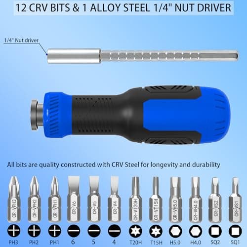 WOOPHEN Multi-bit Screwdriver 13-in-1 Screw Driver Adjustable Mini Screwdriver Set Multitool All in One with Torx Security, Phillips, Hex, Flat Head, Square and 1/4 Nut Driver (Blu thumbnail 2