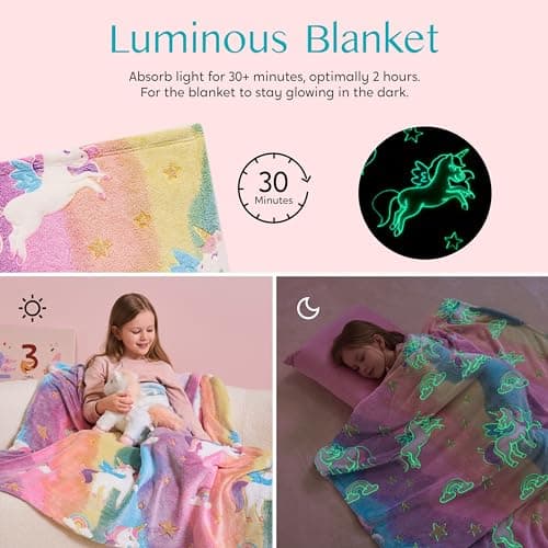 Joiedomi Glow in The Dark Blanket - Unicorns Gifts Toys for Girls Age 2 3 4 5 6 7 8 9 10 11 12 Year Old - Soft Cozy Flannel Kids Throw Blanket, Birthday Bedroom Decor 50"×60"