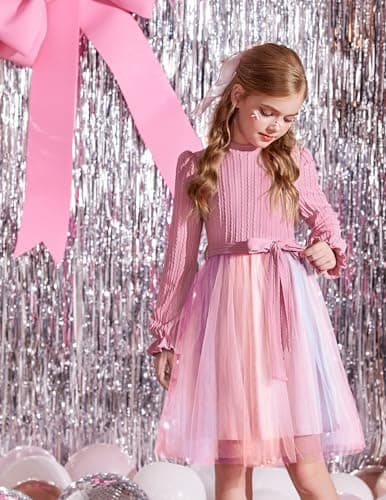 Arshiner Pink Rainbow Fall Spring Tulle Dress for Tween Girl Valentines Party Sweater Tutu Dresses for 12-13 Years