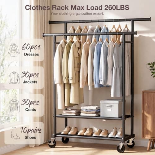 WATIOWL Portable Clothes Rack Rolling Garment Rack with Wheels 26OLBS Black thumbnail 2
