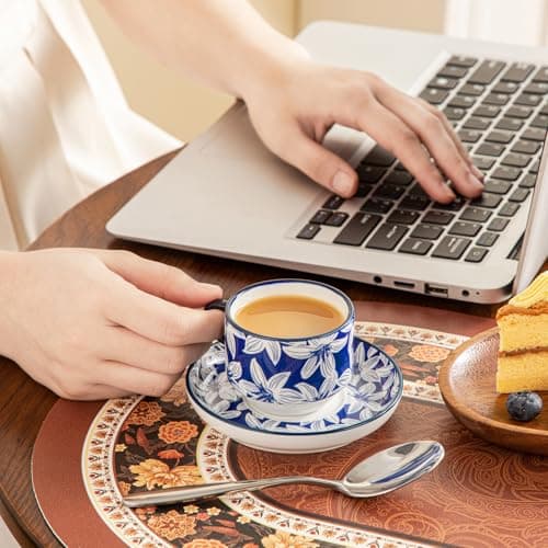 vancasso 2.5OZ Espresso Cups Set of 4, Porcelain Stackable Cappuccino Cups, Demitasse Coffee Cups and Saucers Set with Metal Stand for Specialty Drinks, Series SELENE (Vintage Blue thumbnail 7