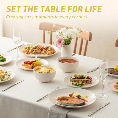 Dafuceramic Plates and Bowls Sets, 12 Pieces Modern Stoneware Dinnerware Set for 4 Kitchen Dinner Set Ceramic Dishware Dishes Set Microwave and Dishwasher Safe (White) thumbnail 5