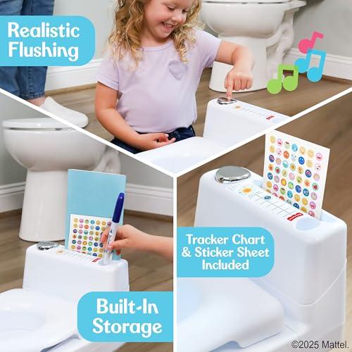 Fisher-Price™ 2-N-1 Potty Trainer with Flushing Sounds, Chart & Storage – White Floor Potty Chair with Splash Guard, Removable Ring & Bowl, Patented Snap Safe Ring Technology