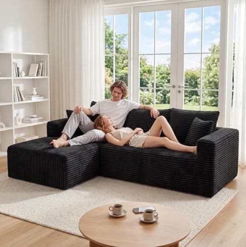 92.5" Modular Sectional Sofa, L-Shaped Cloud Couch with Deep Seats and Chaise, Upholstered Corduroy Boneless Couch for Living Room Small Space, No Need Assembly - Black(Left Facing thumbnail 4