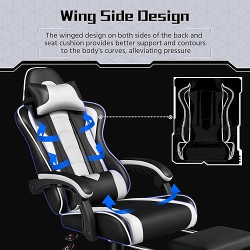 Yaheetech Gaming Chair with Footrest Massage Lumbar Pillow Black and White thumbnail 8