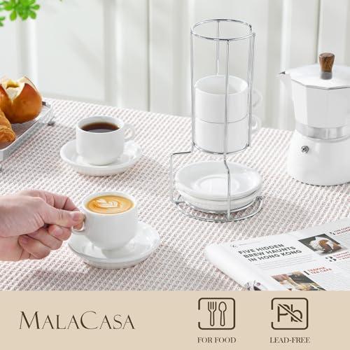 Miniatura de MALACASA Set de 4 Tazas de Espresso 2.5 oz Blancas con Platillos y Soporte Metálico, Apilables 3