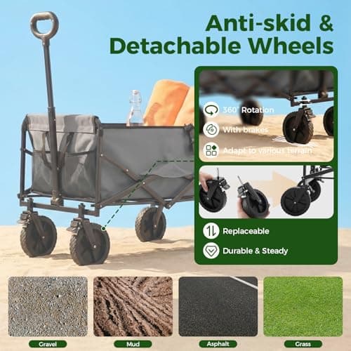 DUMOS Collapsible Wagon Cart, Heavy Duty Foldable Utility Wagon with Lockable Brake Wheels – 330 lbs Capacity, Flexible Handle for Beach, Garden, Sports, Grocery & Camping, Gray thumbnail 4