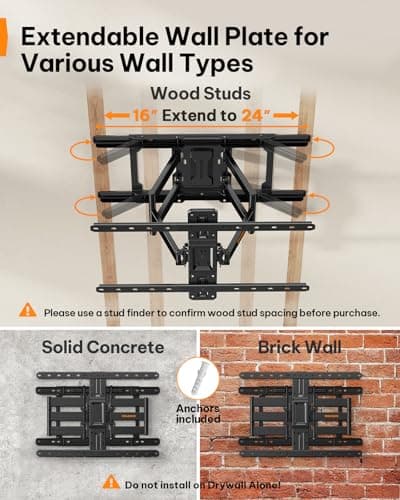 Perlegear Ultra Slim TV Wall Mount 1.1" Low Profile for 42-90" TVs, Fits 16"/24" Studs, Full Motion TV Mount Wall Bracket with Dual Articulating Arms, Swivel, Tilt, Max VESA 600x40 thumbnail 3