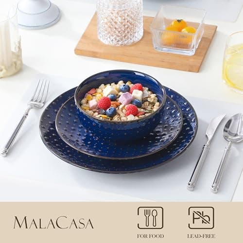 MALACASA 12 Pieces Dinnerware Sets, Modern Plates and Bowls Sets, Blue Dish Set for 4, Kitchen Ceramic Dinner Plates Dishware Set, Microwave and Dishwasher Safe, Series LYDIA thumbnail 3
