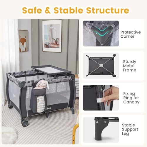 INFANS 4 in 1 Pack and Play, Portable Travel Baby Playard with Bassinet, Changing Table, Canopy, Mosquito Net, Hanging Toys, Music Box, Storage Bag, Large Playpen from Newborn to T thumbnail 4