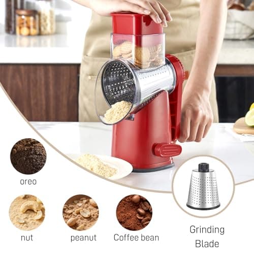 Weltonhm 4 in 1 Large Rotary Cheese Grater Hand Crank (red, 3 Graters)