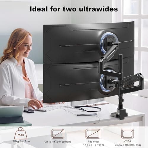 Dual Monitor-Arm Heavy-Duty for 17-49-inch Screens - Premium Vertical Stacked Dual Monitor Arm Desk Mount for Ultrawide Screens up to 44lbs, Fully Adjustability, VESA 75/100 mm, Bl thumbnail 2