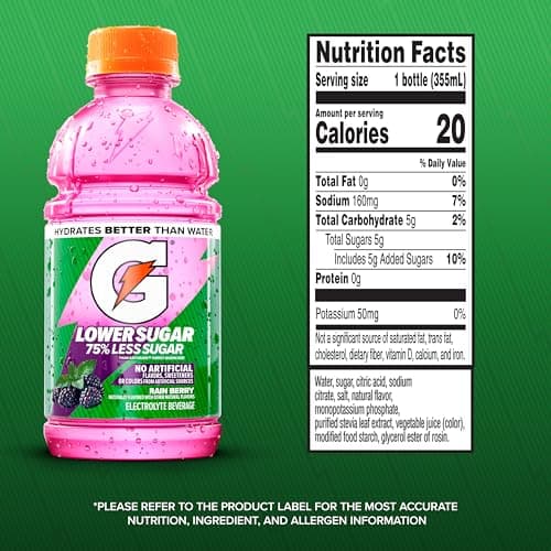 Gatorade Lower Sugar Electrolyte Sports Drink, Rain Berry, 12 fl oz Bottles, (12 Pack), 75% Less Sugar, No Artificial Flavors, No Artificial Sweeteners, No Artificial Colors, Hydra thumbnail 2