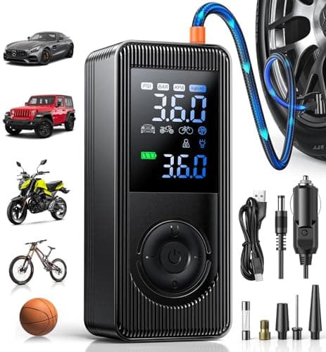 Tire Inflator Portable Air Compressor - 150 PSI 4X Fast Inflation Rechargeable Battery & 12V DC Adapter Powered Air Pump for Car Bike Motorcycle Tires Balls with LCD Display, LED L
