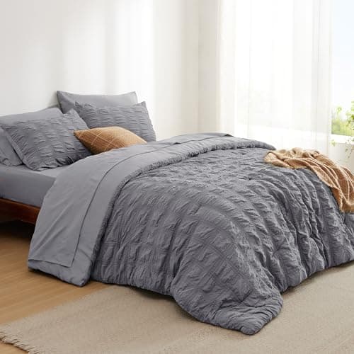 Bedsure Bed in a Bag Queen - 7 Pieces Plaid Seersucker Bedding Comforter Sets, Soft Lightweight Grey Boho Bed Set with Comforters Queen Size, Sheets, Pillowcases & Shams thumbnail 6