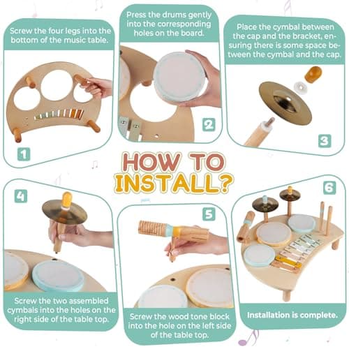 Kids Drum Set, Montessori Musical Instruments for Toddlers 1-3, Wooden Musical Toys for Baby 12-18 Months, Preschool Educational Xylophone Drum Kit