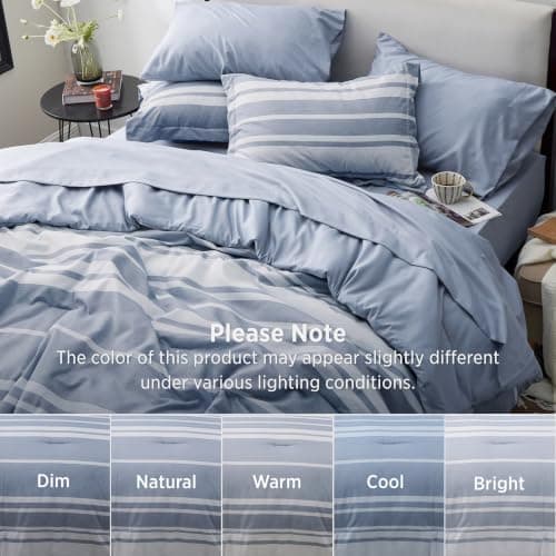 Bedsure Blue Comforter Set, Queen Size Bedding Set, Striped 7 Piece | Bed in a Bag, Bedroom, Plaid, Nautical, Cationic Dyeing, Gift Choice, Whisper-Quiet, OEKO thumbnail 9