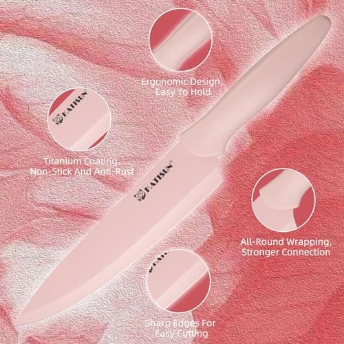 Juego de Cuchillos de Cocina Antiadherentes KATISUN, Rosa, 13 Pzas con 6 Fundas