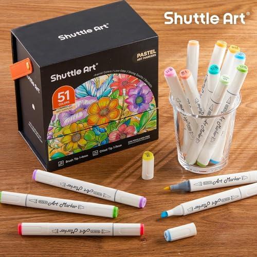 Shuttle Art Pastel Alcohol Markers Brush tip, Dual Tip Brush & Chisel Tip Art Marker Set, 50 Colors plus 1 Blender Marker Pens with Case Perfect for Illustration Students Adults Co