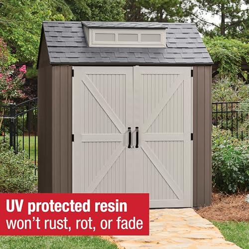 Rubbermaid Large Resin Outdoor Storage Shed With Floor (7 x 7 Ft.), Weather Resistant, Brown, Organization for Home/Lawn Mower/Backyard Equipment/Bike Storage/Pool Supplies thumbnail 5
