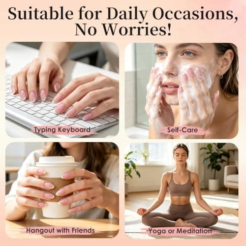 HELIVIVE French Tip Press On Nails, Short Almond 32Pcs 16 Sizes Fake Nails | Reusable Stick-On Nails with Glue, 3 Weeks Wear,Salon-Quality Natural Fake Nails,Curved Fit,Nude Pink & White with Gold Lin