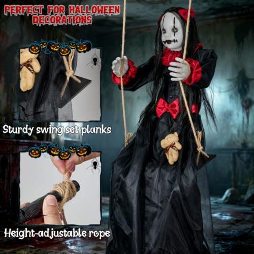 Scary Halloween Hanging Decorations Outdoor,4.6FT Hanging Swing Girl Doll | Slap Activated Creepy Halloween Hanging Prop with Spooky Sounds Expressions & Light-Up Eyes for Yards,Patios & Haunted House