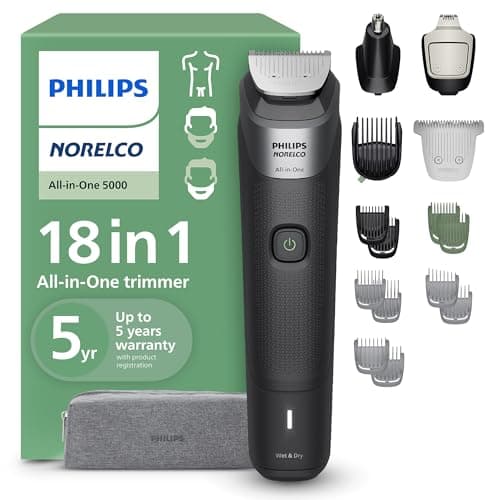 Philips Norelco All-in-One 18-Piece Trimmer 5000 Series - Shaver and Clipper for Face, Hair & Body, Self-sharpening Titanium Coated Blades, 16 Length Settings (0.5-16 mm), Wide Hai