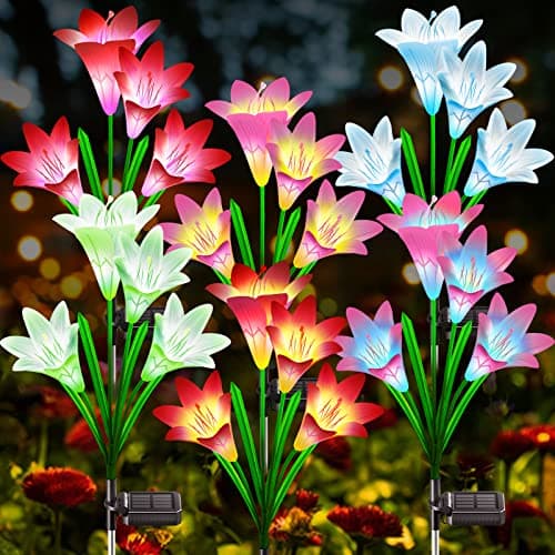 KuBace Solar Outdoor Lights Garden Decor, 6 Pack Upgraded Solar LED Flower Lights with 24 Bigger Lily Flower Lamp, 7 Color Changing Waterproof Solar Powered Flowers for Garden Yard