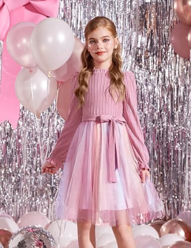 Arshiner Pink Rainbow Fall Spring Tulle Dress for Tween Girl Valentines Party Sweater Tutu Dresses for 12-13 Years