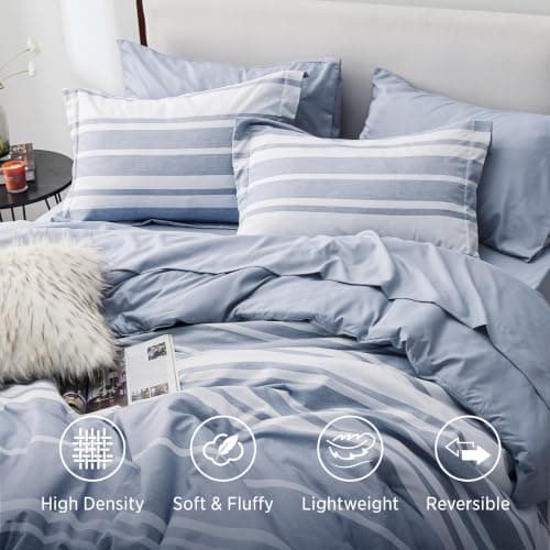 Bedsure Blue Comforter Set, Queen Size Bedding Set, Striped 7 Piece | Bed in a Bag, Bedroom, Plaid, Nautical, Cationic Dyeing, Gift Choice, Whisper-Quiet, OEKO thumbnail 3
